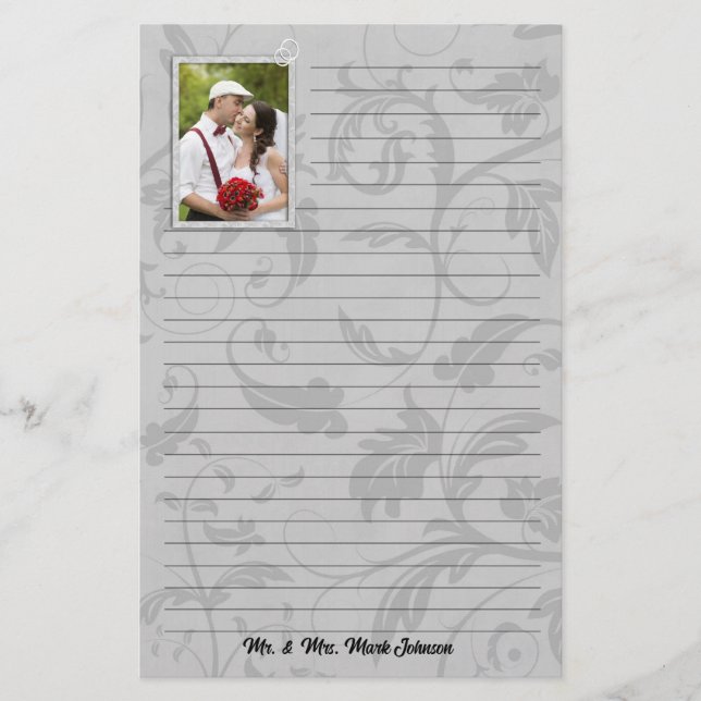 Hochzeitskleid Foto Taupe Damask Hochzeitsgeflecht Briefpapier (Vorderseite)