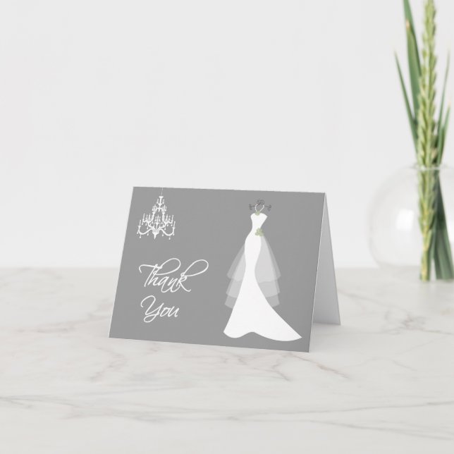 Hochzeitskleid, Leuchter auf Grau danken Ihnen zu Dankeskarte (Vorderseite)