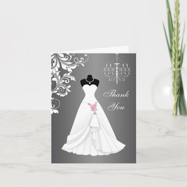Hochzeitskleid, Leuchter auf schwarzem Grau danken Dankeskarte (Vorderseite)