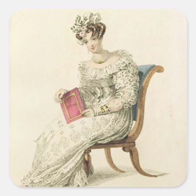 Hochzeitskleid, Modeplatte von Ackermanns Repo Quadratischer Aufkleber (Vorderseite)