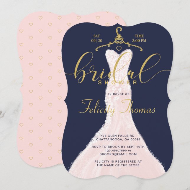 Hochzeitskleid Navy Gold Bridal Dusche Einladung (Vorne/Hinten)