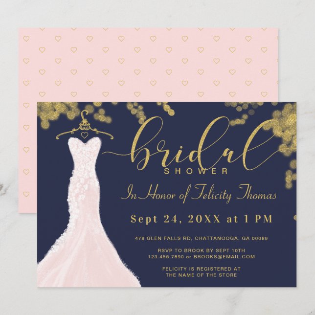 Hochzeitskleid Navy Gold Bridal Dusche Einladung (Vorne/Hinten)
