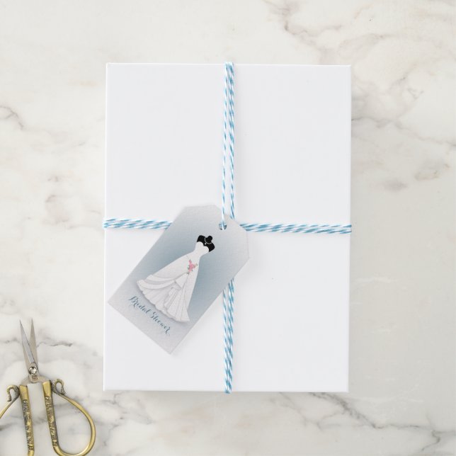 Hochzeitskleid, Rose auf graublau Geschenkanhänger (Mit Garn)