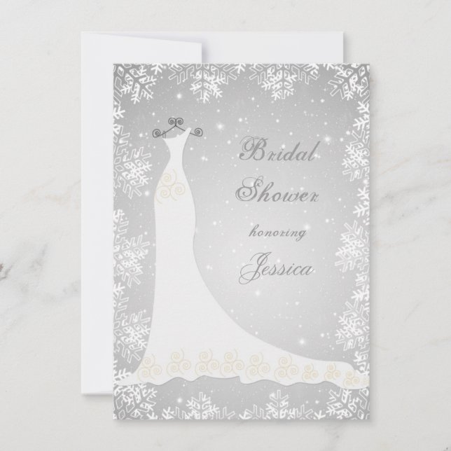 Hochzeitskleid, Schneeflocken auf grauem Brautpart Einladung (Vorderseite)