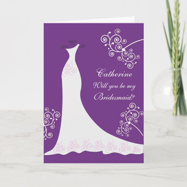 Hochzeitskleid, Wirbel auf lila Brautjungfrau Einladung (Vorderseite)