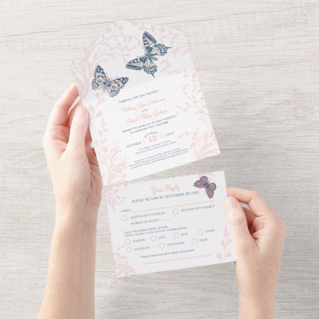 Hochzeitskorallenschmetterlinge Wirbel essen UAWG All In One Einladung (Abreißtisch)