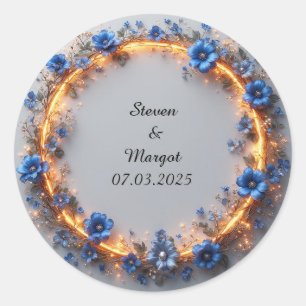 Hochzeitskranz mit blauen Blumen und leuchtendem L Runder Aufkleber