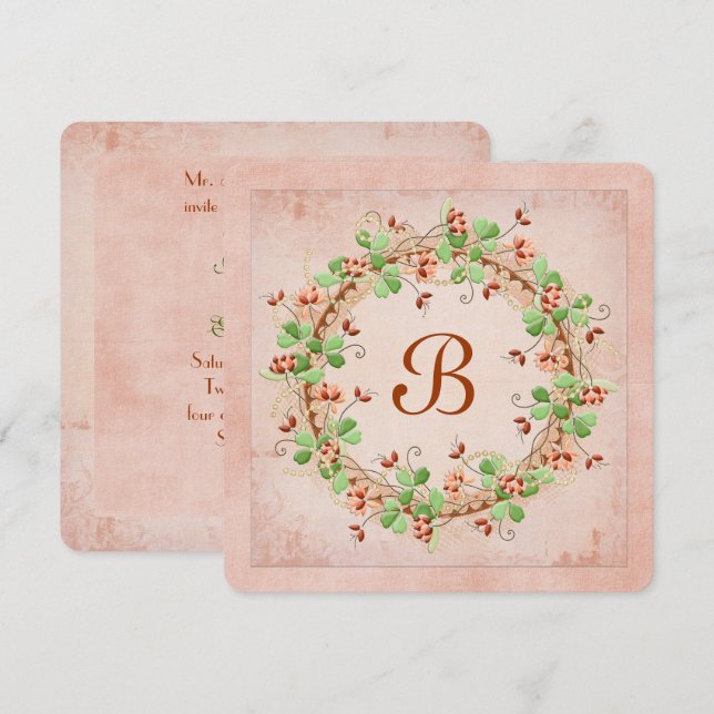 Hochzeitskranz mit Monogramm Einladung (Vorne/Hinten)