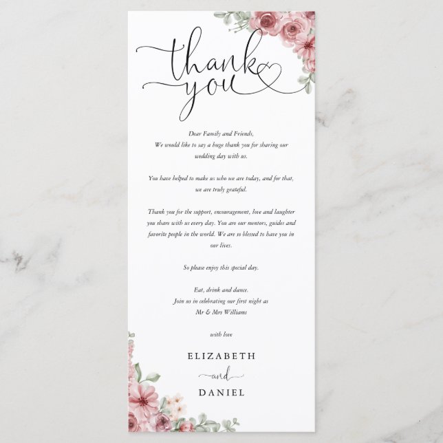 Hochzeitskript Floralbedankt sich bei Ihrer Platzk Menükarte (Vorderseite)