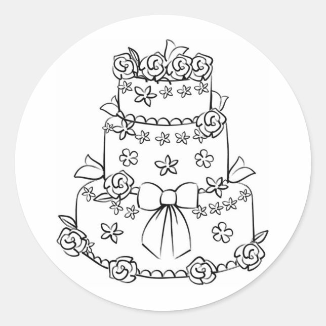 Hochzeitskuchen mit Blume und Bow Runder Aufkleber (Vorderseite)