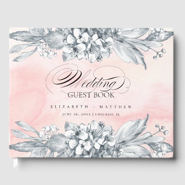 Hochzeitskunst mit gezeichneten Blume Rosa Wasserf Gästebuch (Vorderseite)