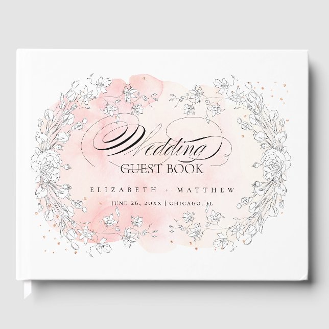 Hochzeitskunst mit gezeichneten Blume Rosa Wasserf Gästebuch (Vorderseite)