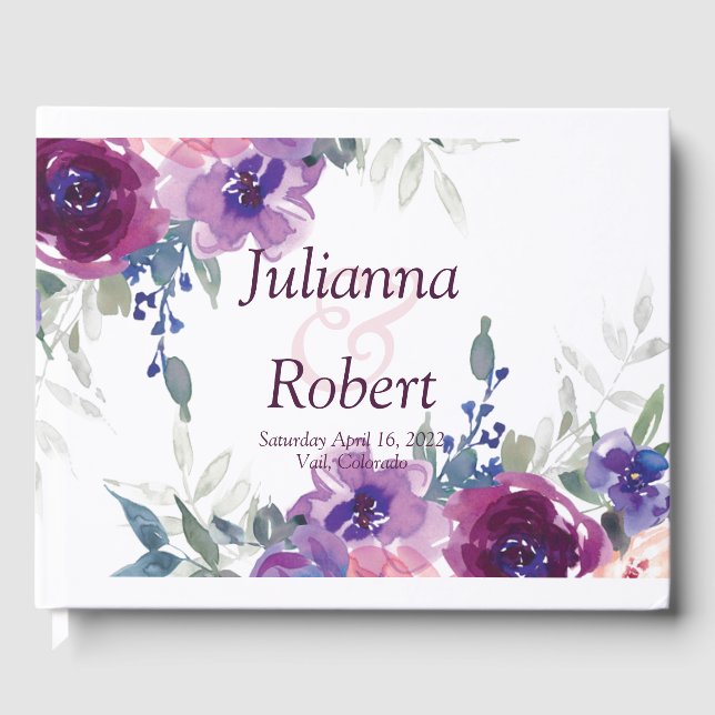 Hochzeitskurse mit lila und mauvem Blumen Gästebuch (Vorderseite)