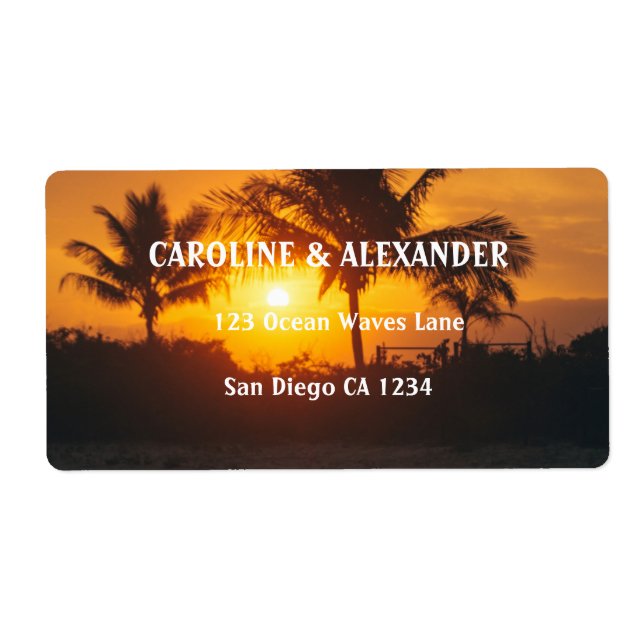 Hochzeitslabel des modernen Sunset Ocean Tropical  (Vorne)