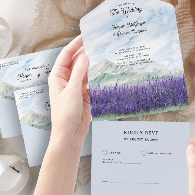 Hochzeitslavender Meadow Watercolor All In One Einladung (All in One Wedding Invitation and RSVP from my Mountain Lavender Wedding Collection
)