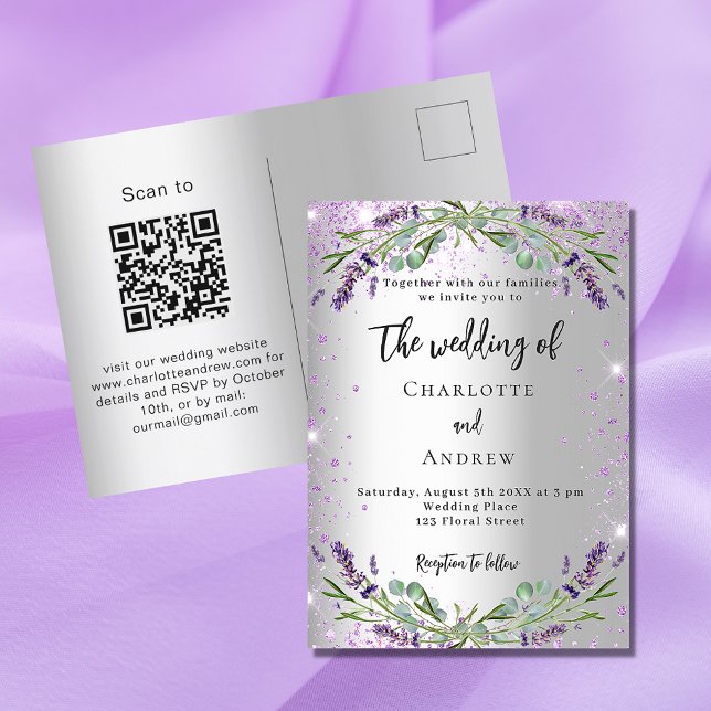 Hochzeitslavender silbernen Eukalyptus QR-UAWG Einladungspostkarte (Von Creator hochgeladen)