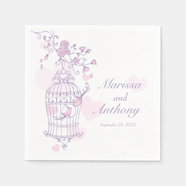 Hochzeitsliebvögel lila Rosa-Papierservietten Serviette (Vorderseite)