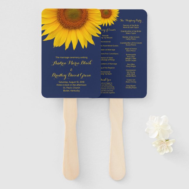Hochzeitslüfter für Blaugelbe Sonnenblumen Fächer (Vorne und Hinten)