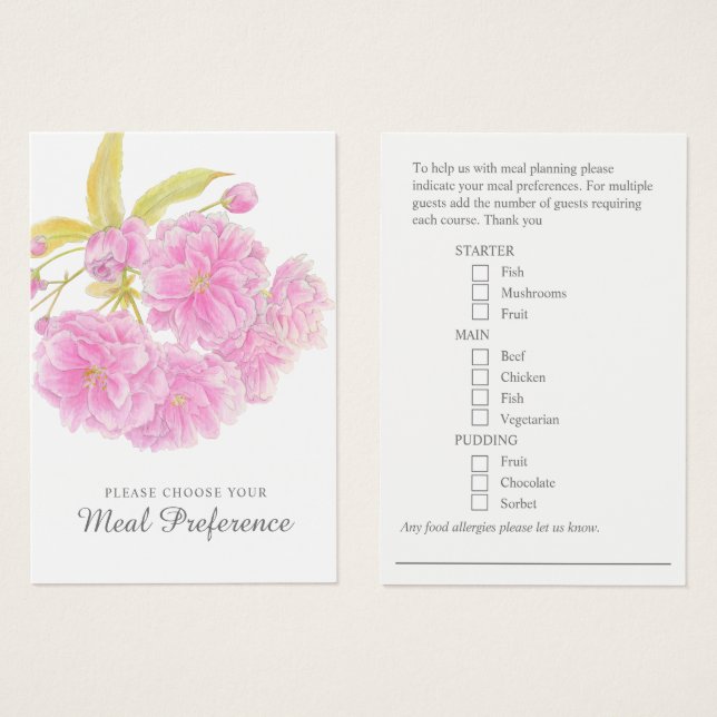 Hochzeitsmahlzeit Präferenz rosa Blumenkarten (Vorne & Hinten)