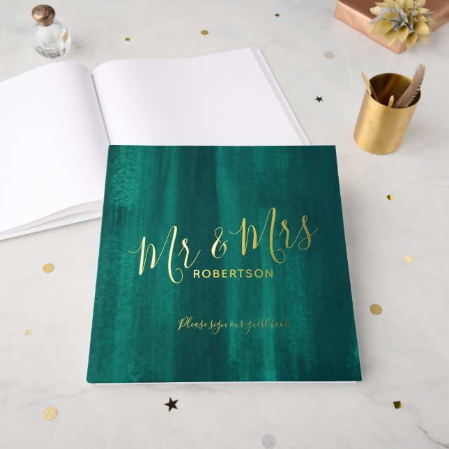 Hochzeitsmaragdgrün und echtes Gold Foil Gästebuch (Vorderseite Offen)