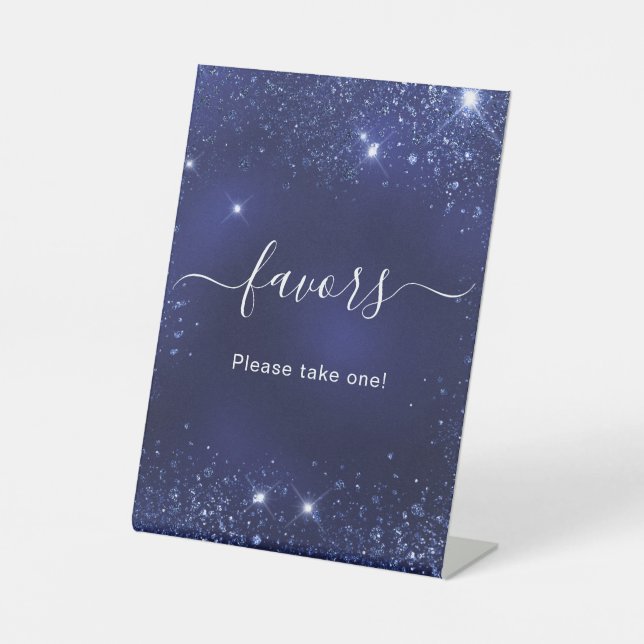Hochzeitsmarineblau-Glitzern-Gefälligkeiten Sockelschild (Vorderseite)