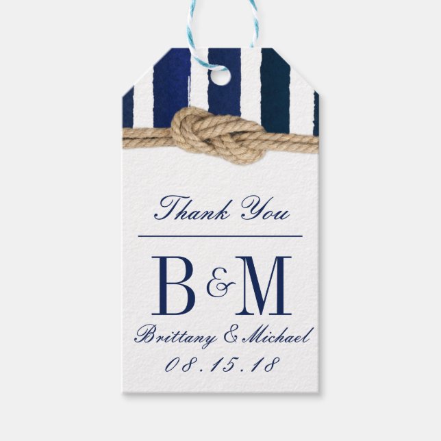 Hochzeitsmarke für Nautical Knot Burlap-Navy-Strei Geschenkanhänger (Vorderseite)