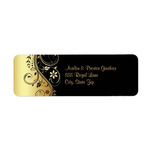 Hochzeitsmarke Gold & Black Floral Scroll (Vorne)