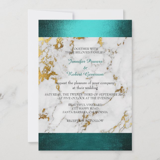 Hochzeitsmarmor Weiß Grau Golden Aquamarin Green Einladung (Vorderseite)