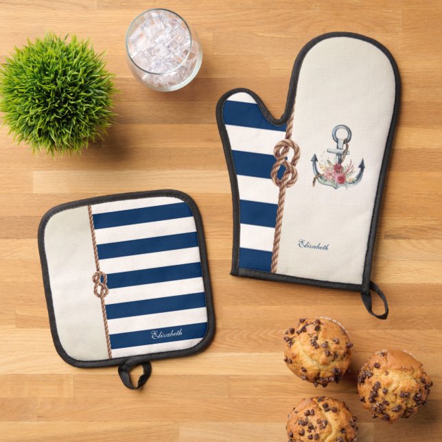 Hochzeitsmarschbahn am Strand, gestreifter Empfang Ofenhandschuh & Topflappen-Set (Oben Unten)