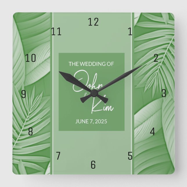 Hochzeitsmauer - Tropisches Grün Quadratische Wanduhr (Vorderseite)