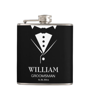 Hochzeitsmensch Groom und Trauzeugen Tuxedo Flachmann