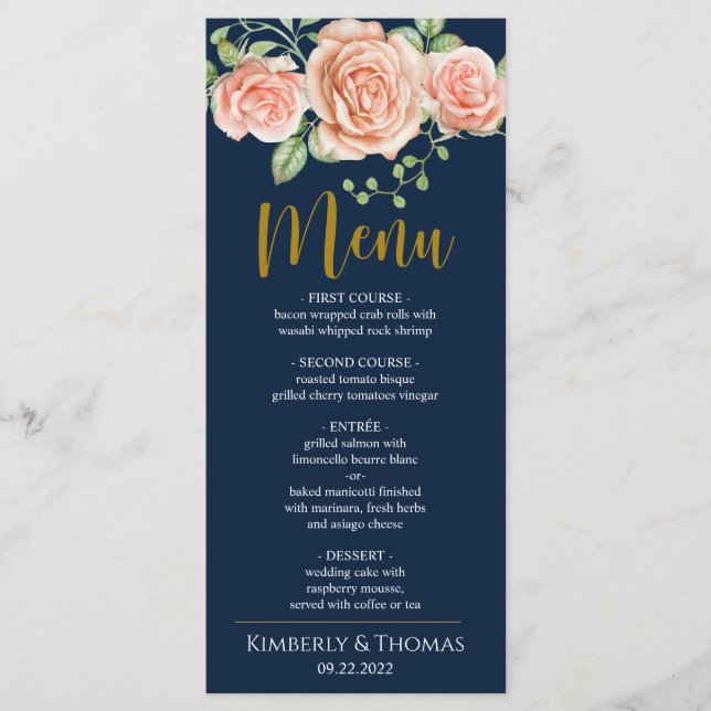 Hochzeitsmenü am Blue Gold Blush Menükarte (Vorderseite)