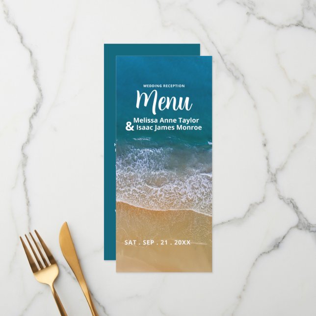 Hochzeitsmenü am Blue Sea Beach Menükarte (Vorderseite/Rückseite Beispiel)