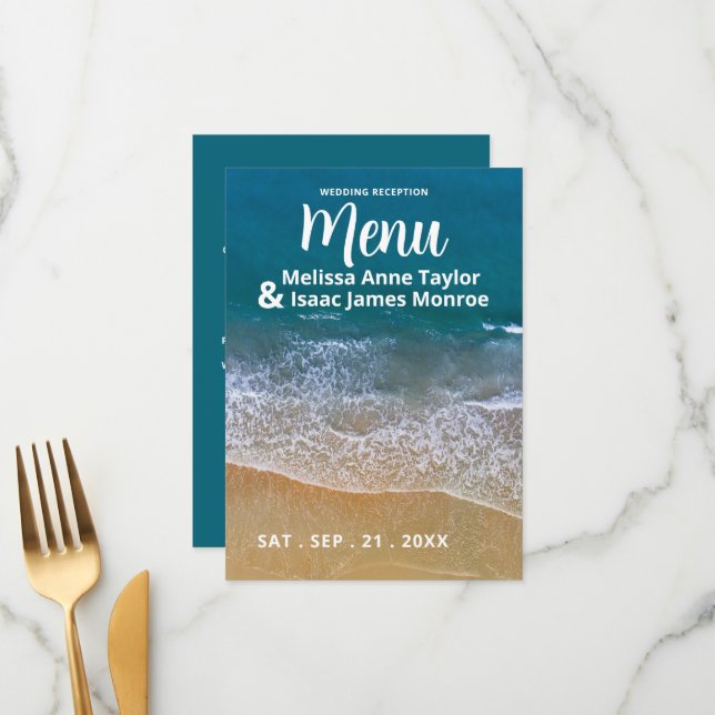 Hochzeitsmenü am Blue Sea Beach Menükarte (Vorderseite/Rückseite Beispiel)
