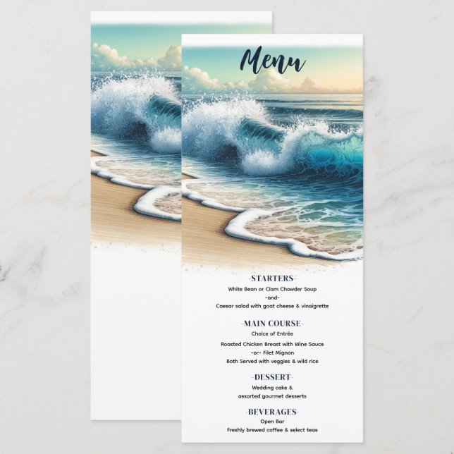 Hochzeitsmenü am Küstenstrand von Ozeanwellen Menükarte (Vorne/Hinten)
