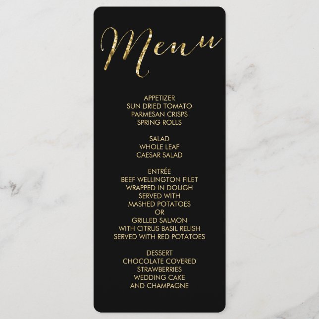 Hochzeitsmenü am Runden Schwarz-Gold-Foil Menükarte (Vorderseite)