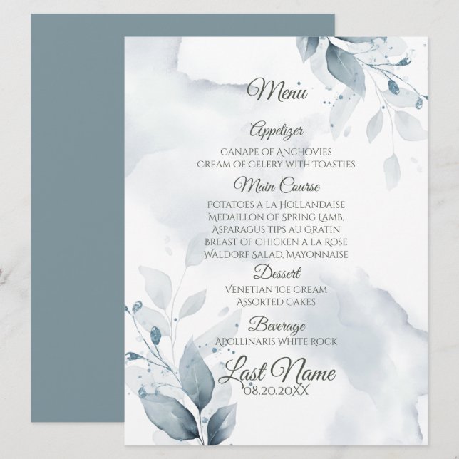 Hochzeitsmenü | Aquamarines botanisches Menü Menükarte (Vorne/Hinten)
