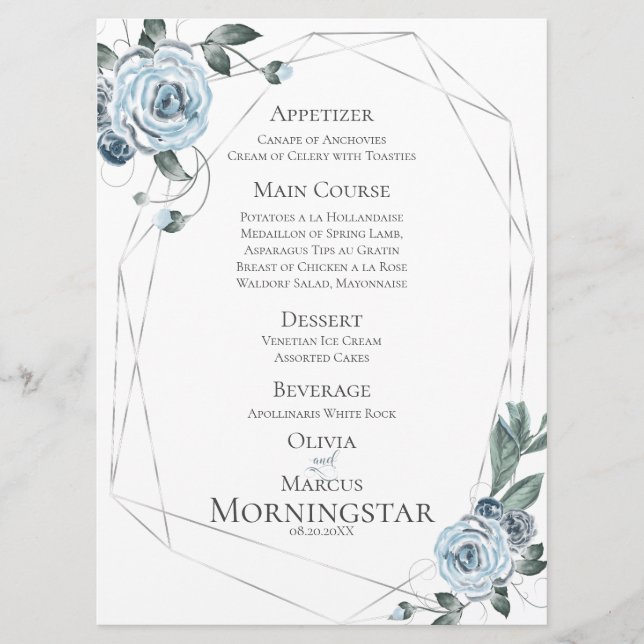 Hochzeitsmenü | Aquarellfarben, blau, floralblau Menükarte (Vorderseite)
