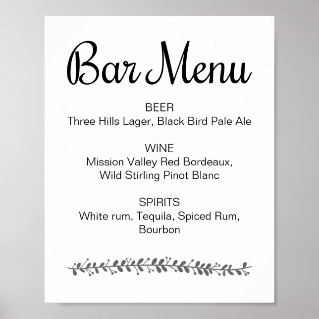 Hochzeitsmenü Bar Eleganter Empfang Signatur Poster (Vorne)