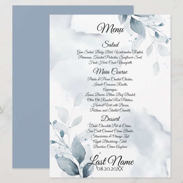 Hochzeitsmenü | Benutzerdefiniertes 1 Dusty Blue B Menükarte (Vorne/Hinten)