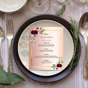 Hochzeitsmenü Blumen Rosen Gold Burgunder Budget Flyer