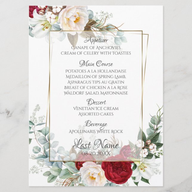 Hochzeitsmenü | Burgund und Elfenbein Menükarte (Vorderseite)