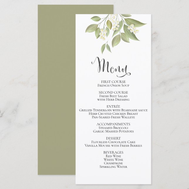 Hochzeitsmenü der eleganten Foliage Sage Green Blä (Vorne/Hinten)