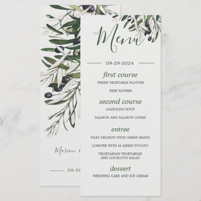 Hochzeitsmenü der Grünen Olive Branch Menükarte (Vorne/Hinten)