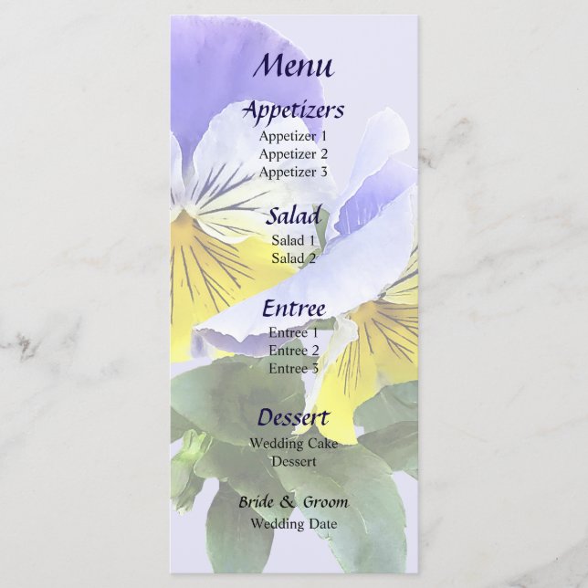 Hochzeitsmenü der Gruppe Gelb und Lila Stiefmütter Menükarte (Vorderseite)
