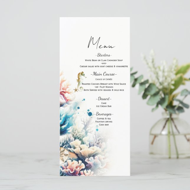 Hochzeitsmenü der Hochzeitsmahlzeiten am Ozean Spl Menükarte (Stehend Vorderseite)