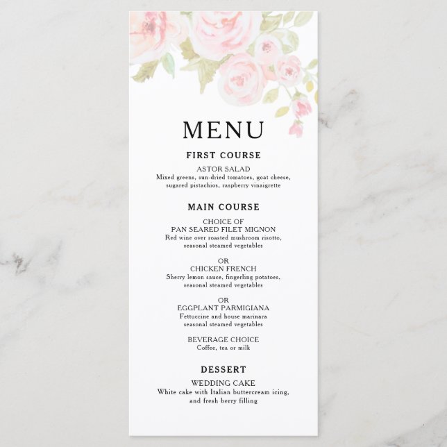 Hochzeitsmenü der Hochzeitsmahlzeiten: Rosa Rose Menükarte (Vorderseite)