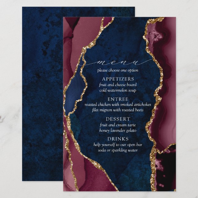 Hochzeitsmenü der Marine, Burgund & Gold Agate (Vorne/Hinten)