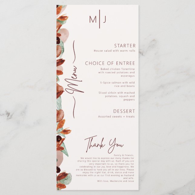 Hochzeitsmenü der Modernen Herbstflora Menükarte (Vorderseite)