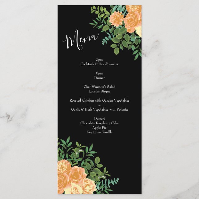 Hochzeitsmenü der Peach Black Peony Rose Menükarte (Vorderseite)